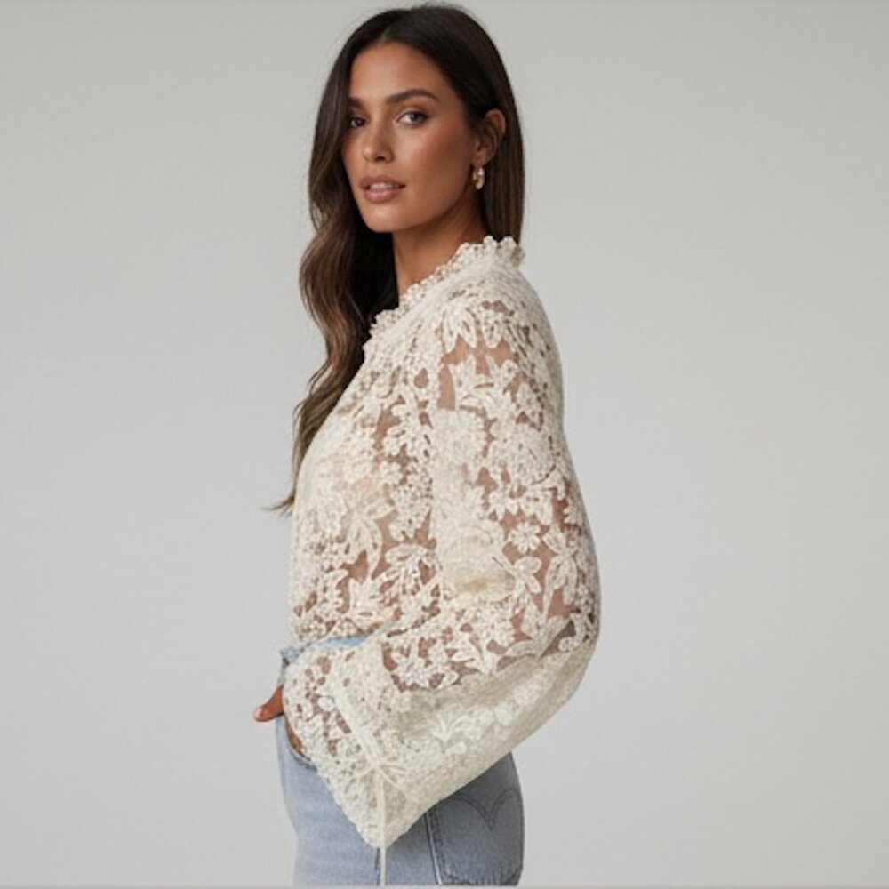 Boho Embroidered Lace Mesh Sheer Blouse Beige - Picture 3 of 8